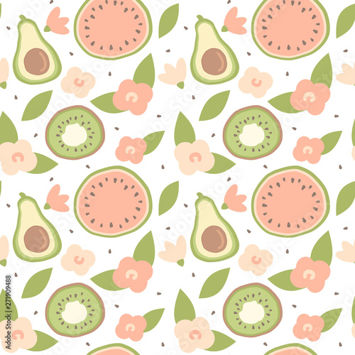 cute lovely cartoon summer seamless vector pattern background illustration with hand drawn avocado, watermelon, kiwi and flowers
