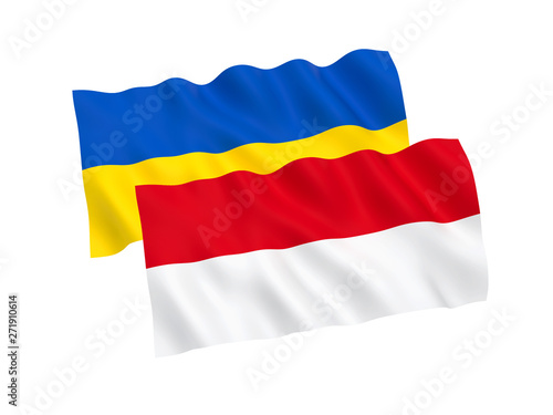National fabric flags of Ukraine and Indonesia isolated on white background. 3d rendering illustration. 1 to 2 proportion.