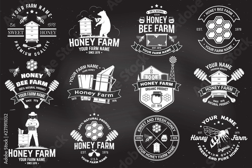 Set of Honey bee farm badge. Vector. Concept for print, stamp or tee. Vintage typography design with bee, honeycomb piece, hive and honey dipper silhouette. Design for honey bee farm business