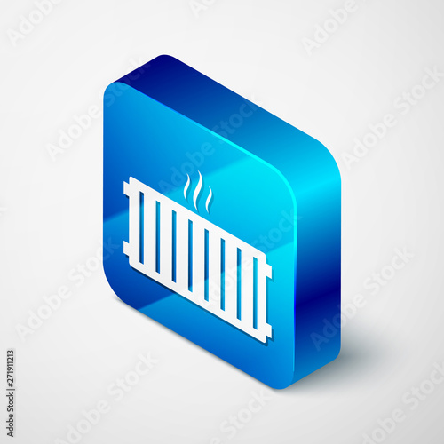 Isometric Heating radiator icon isolated on white background. Blue square button. Vector Illustration