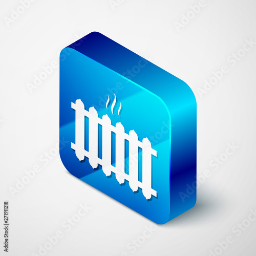 Isometric Heating radiator icon isolated on white background. Blue square button. Vector Illustration