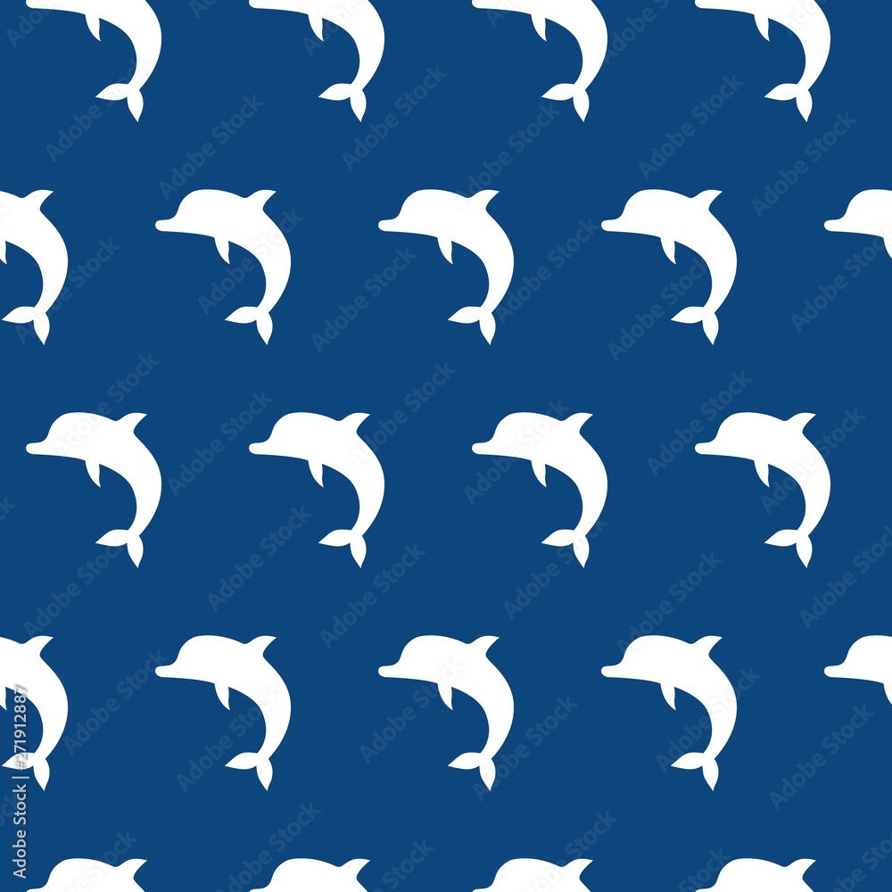 Obraz premium Vector seamless pattern with cute jumping dolphins white on blue background