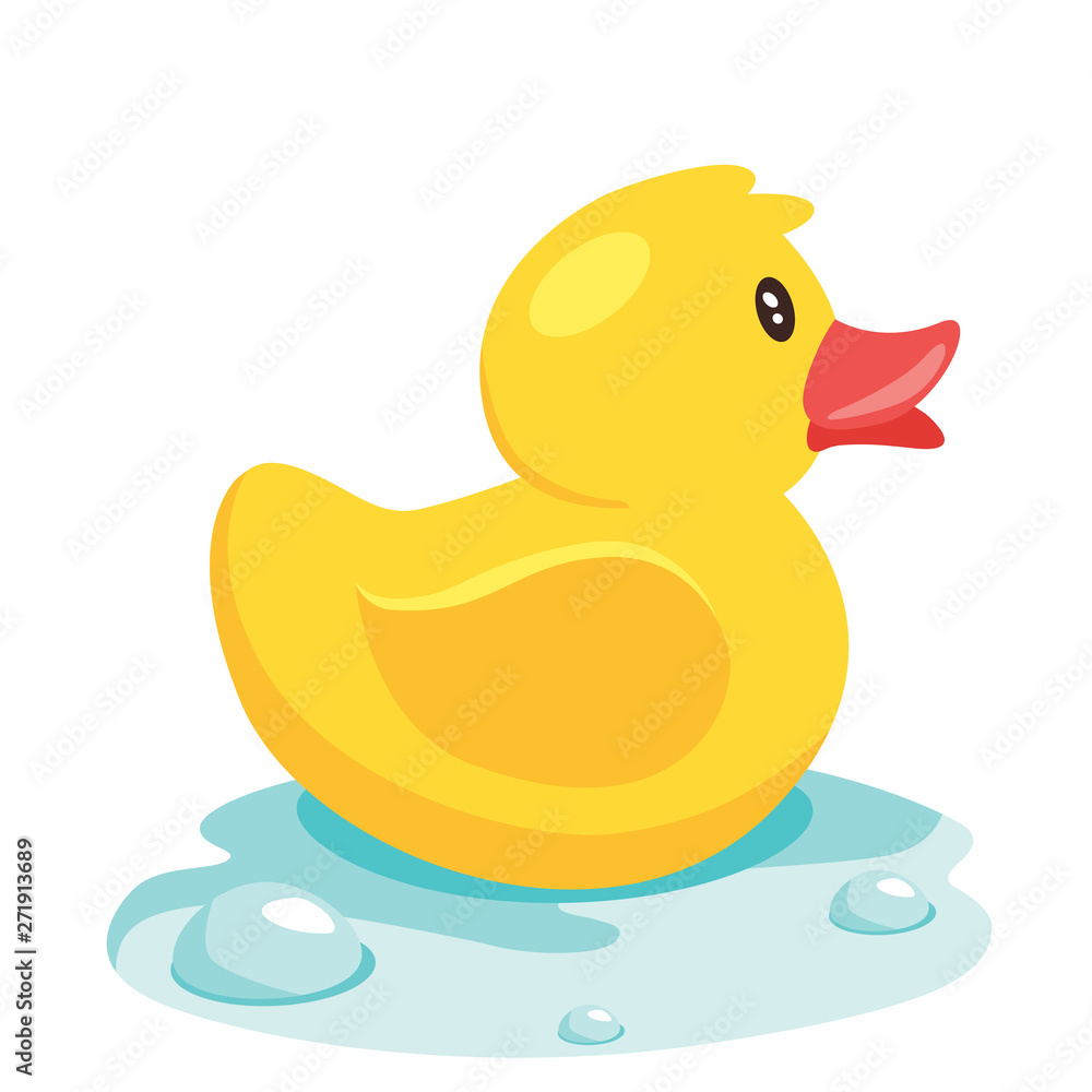 Yellow cute cartoon rubber bath duck in blue water. vector illustration Yellow cute cartoon rubber bath duck in blue water. vector illustration