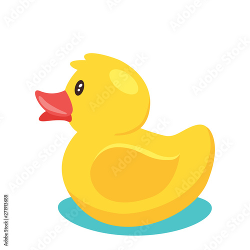 Yellow cute cartoon rubber bath duck in blue water. vector illustration