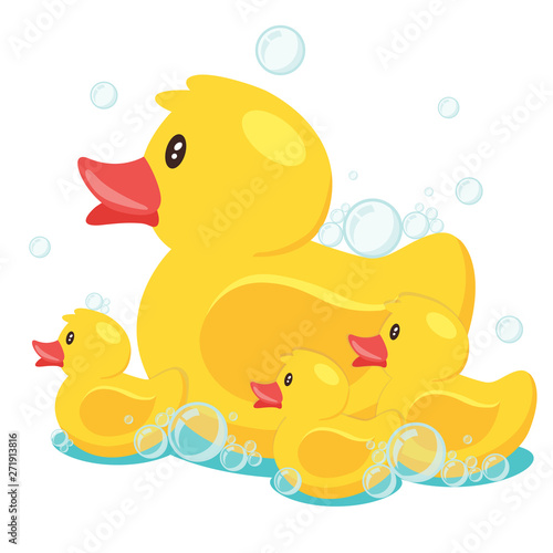 Yellow cute cartoon rubber bath duck in blue water. vector illustration