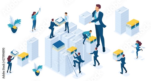 Isometric set of business people make up reports for tax, business audit, tax period, young businessmen