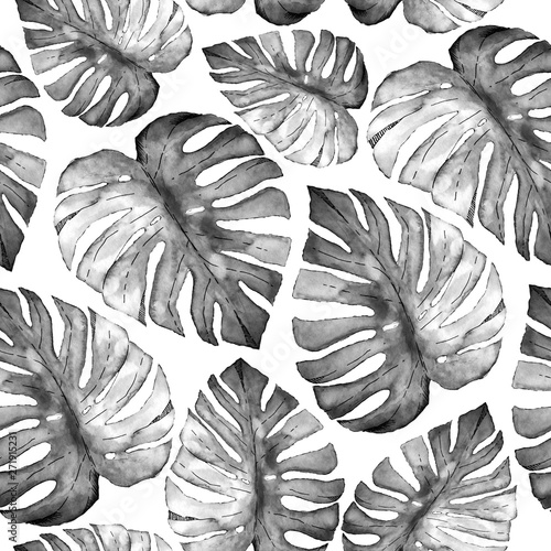 Floral seamless pattern. Hand drawing grey watercolor tropical leaves. Design for fabrics, textiles, wallpapers, web design.