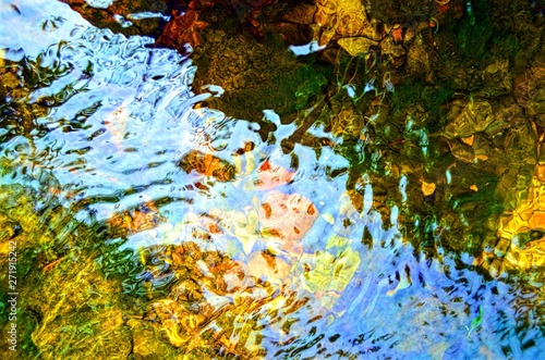  eflections and ripples on the surface of the current of the river, with visible rocks under the water