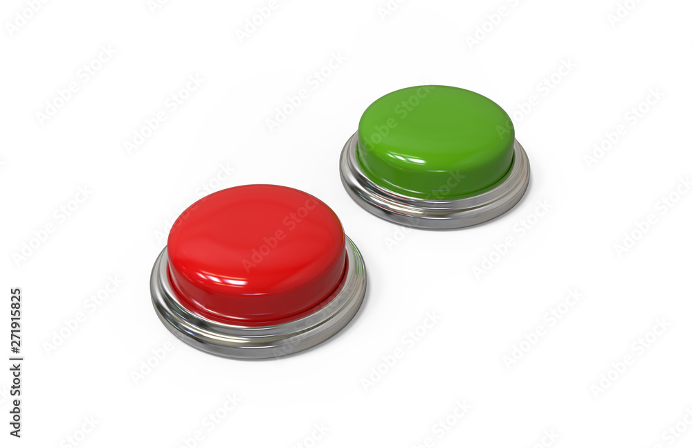Red and green round push button with metallic border on isolated white background, 3d illustration Red and green round push button with metallic border on isolated white background, 3d illustration