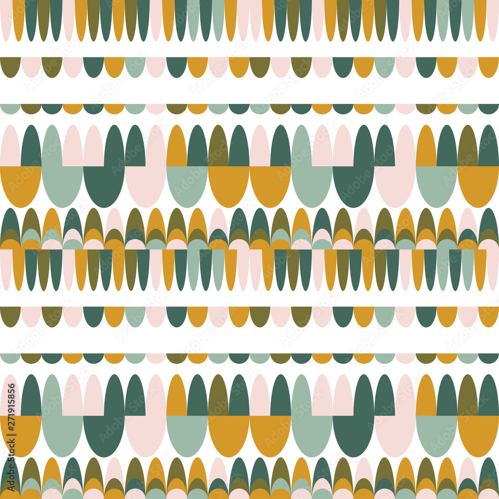Modern vector abstract seamless geometric pattern with semicircles in retro scandinavian style. Pastel colored shapes on white background. Modern vector abstract seamless geometric pattern with semicircles in retro scandinavian style. Pastel colored shapes on white background.