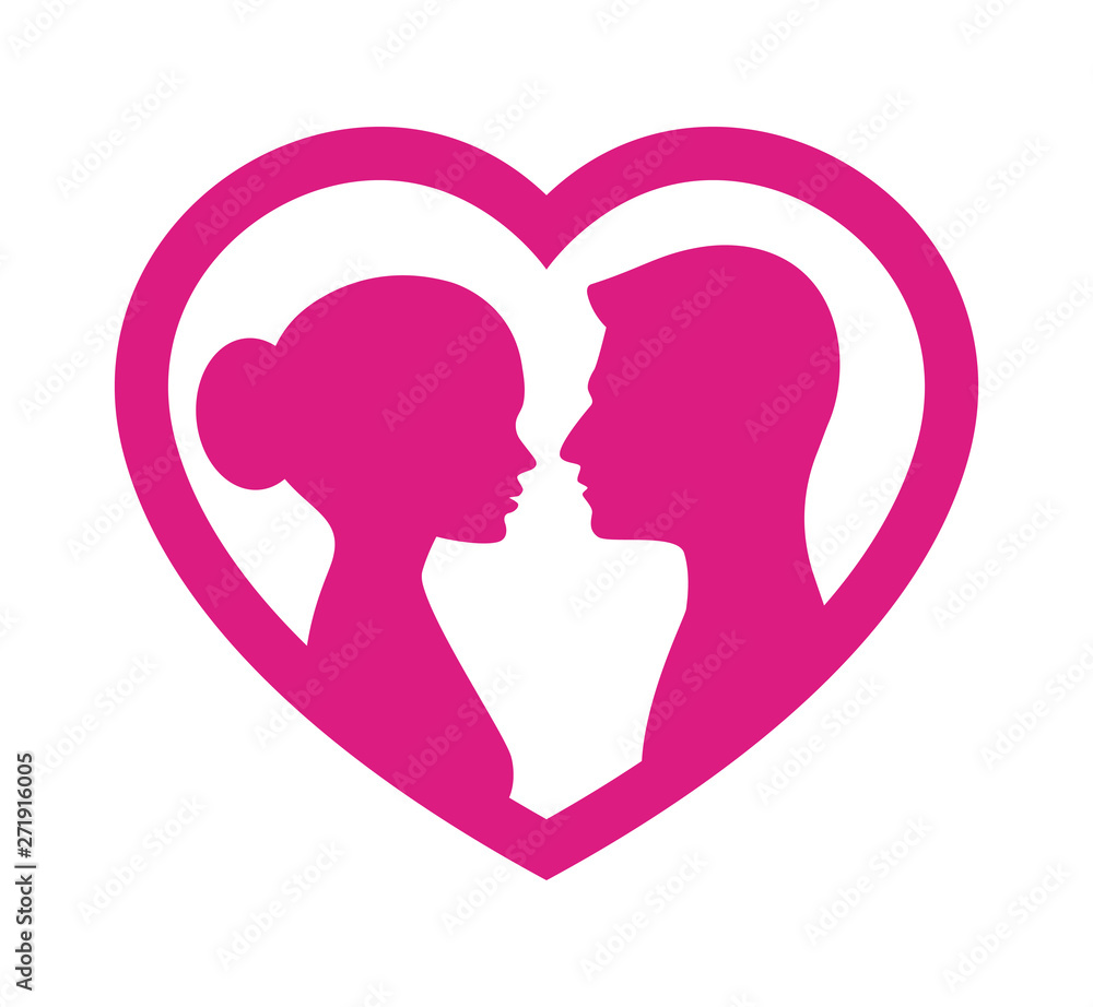 Vector pink silhouette heart two characters - woman and man. Isolated on white background