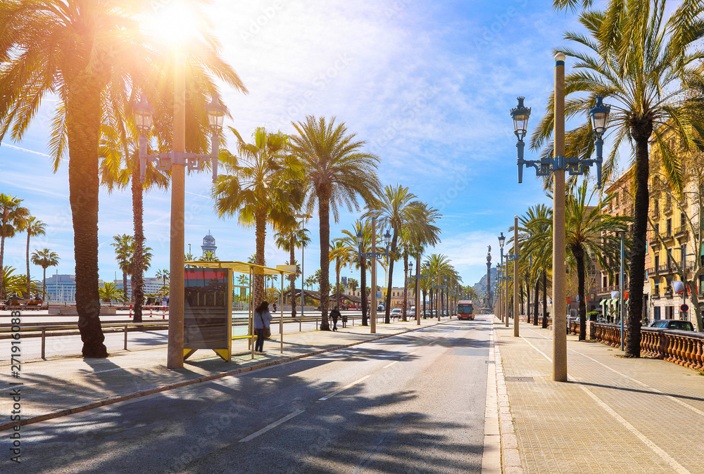Barcelona, Spain. Road for public transport and alley of palm trees. Sunny summer day. Urban street landscape with bus station. - obrazy, fototapety, plakaty 