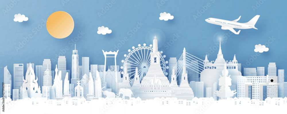 Obraz premium Panorama view of Bangkok, Thailand with temple and city skyline with world famous landmarks in paper cut style vector illustration
