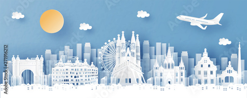 Panorama view of Barecelona, Spain and city skyline with world famous landmarks in paper cut style vector illustration