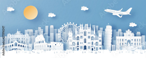 Panorama view of Italy and city skyline with world famous landmarks in paper cut style vector illustration