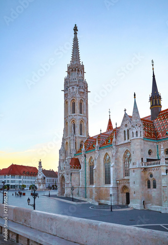 Saint Matthias church and tower in Budapest, Hungary. Morning sunrise sky and deserted area.