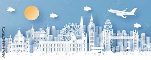 Panorama view of London, England and city skyline with world famous landmarks in paper cut style vector illustration
