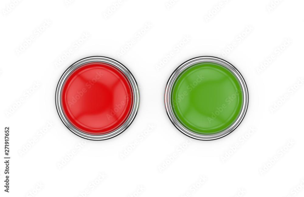 Red and green round push button with metallic border on isolated white background, 3d illustration Red and green round push button with metallic border on isolated white background, 3d illustration