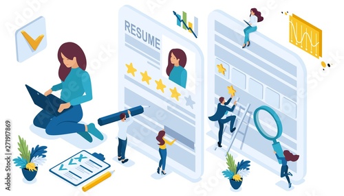 Isometric set of icons for job search, the girl writes a resume for the device to work, little people help to issue documents
