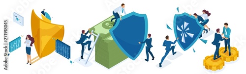 Isometric icon set for the protection of money and valuables businessmen, investors, bankers, protect their investment