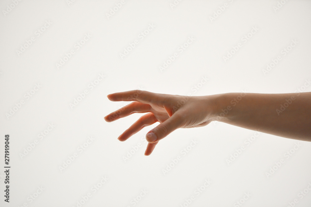 Close up of women hand trying to reach for someone or something isolate on white background. Gesture hand concept. Close up of women hand trying to reach for someone or something isolate on white background. Gesture hand concept.
