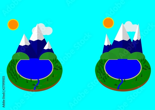 summer vacation in the forest near the pond. Snowy mountains, lake with blue water, green pretty landscape, green hills. For logo