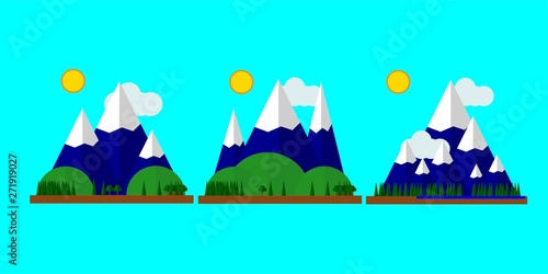 summer vacation in the forest near the pond. Snowy mountains, lake with blue water, green pretty landscape, green hills. For logo, flat.