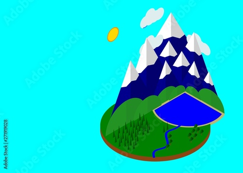 summer vacation in the forest near the pond. Snowy mountains, lake with blue water, green pretty landscape, green hills. For logo, isometric