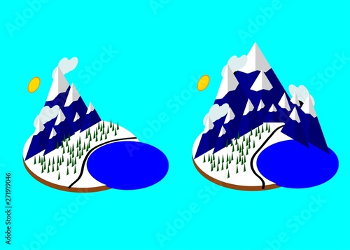 summer vacation in the forest near the pond. Snowy mountains, lake with blue water, green pretty landscape, green hills.  Isometric, winter.