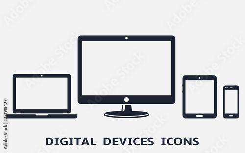 Digital device icons: smart phone, tablet, laptop and desktop computer. Vector illustration.