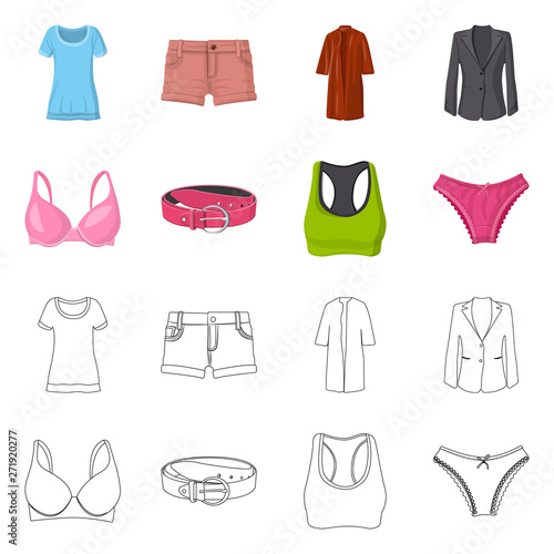 Vector illustration of woman and clothing sign. Collection of woman and wear vector icon for stock.
