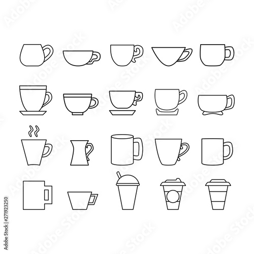 Black and white cup line icon set. Mug logo. 