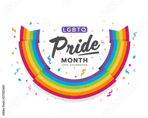 LGBTQ pride month banner with colorful rainbow flag half circle and ribbon party vector design