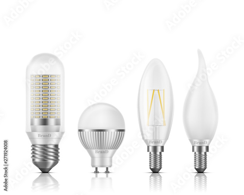 Flame, globe, tubular, candle shapes light LED bulbs with different types of base and filament element 3d realistic vector set isolated on white. High-efficient modern lamps cross section illustration