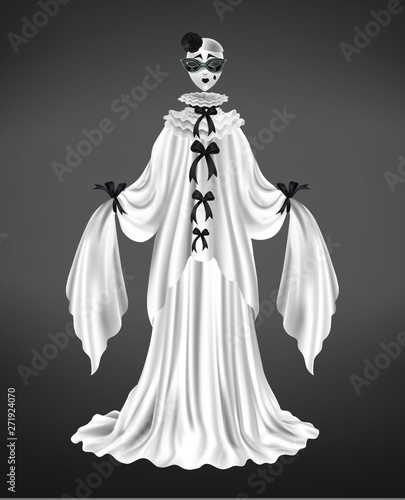 Pantomime pierrot female character suit, harlequin costume, circus comedian with sad face mask, long sleeves and white dress, black bows realistic vector illustration isolated on gradient background