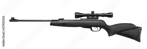 Air rifle with a telescopic sight isolate on a white background. Pneumatic gun. Sports air rifle for accurate aiming shooting. © solidmaks