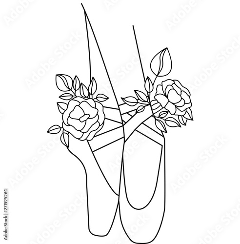 Ballet shoes silhouette with flowers peony. Design for postcard