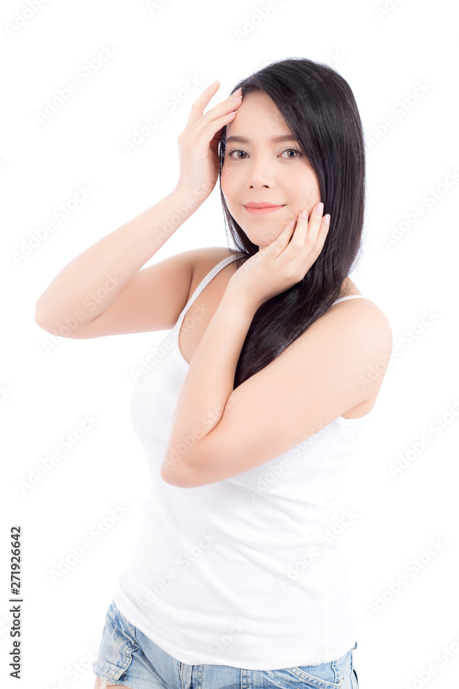 Portrait of beautiful woman asian makeup of cosmetic, girl hand touch cheek and smile attractive, face of beauty perfect with wellness isolated on white background with skin healthcare concept. Portrait of beautiful woman asian makeup of cosmetic, girl hand touch cheek and smile attractive, face of beauty perfect with wellness isolated on white background with skin healthcare concept.
