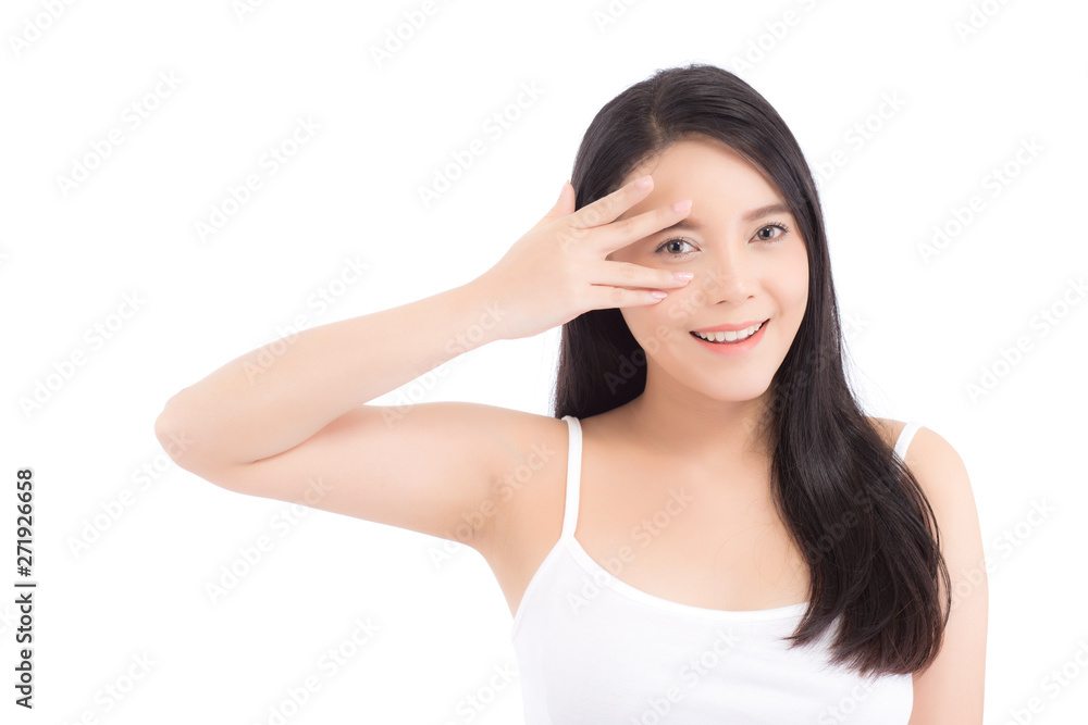 Portrait of beautiful woman makeup of cosmetic, girl hand eye and smile attractive, face of beauty perfect with wellness isolated on white background with skin healthcare concept. Portrait of beautiful woman makeup of cosmetic, girl hand eye and smile attractive, face of beauty perfect with wellness isolated on white background with skin healthcare concept.
