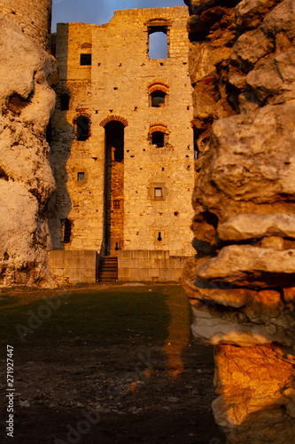 Castle ruins in Poland during sunset.