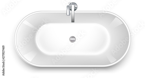Bathtub in the shape of a bowl. Top wiew. Mixers of water taps. Realistic style Isolated on white background. Vector illustration.