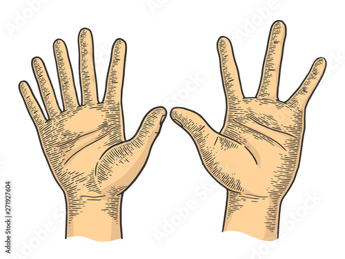 Unusual hands with six and four fingers color sketch engraving vector illustration. Scratch board style imitation. Black and white hand drawn image.