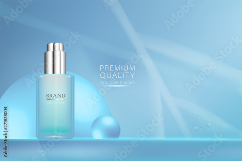 Beauty product, blue cosmetic container with advertising background ready to use, luxury skin care ad, illustration vector.