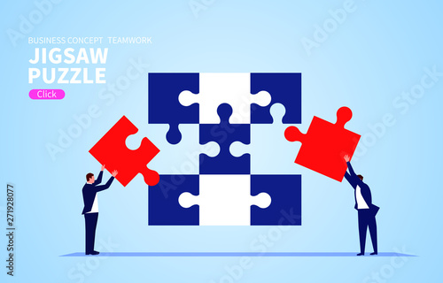 Teamwork concept, two businessmen fight jigsaw puzzle together