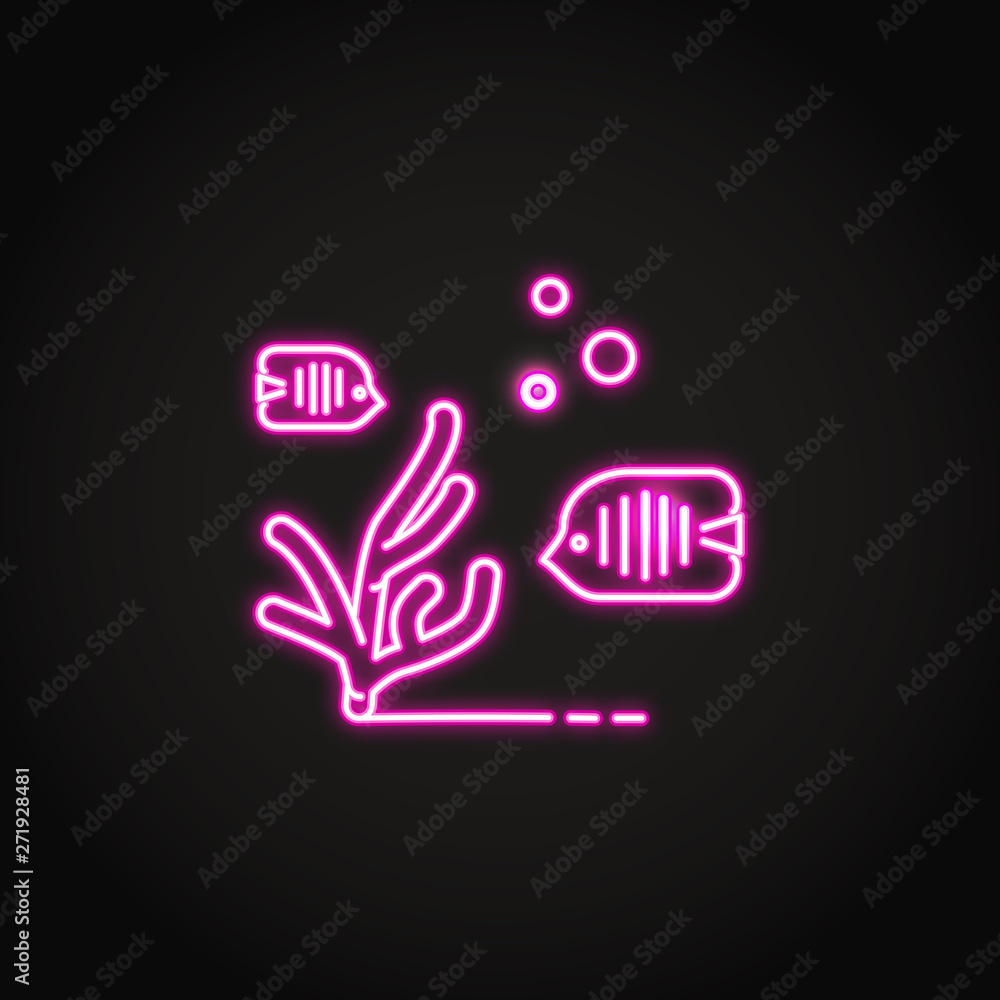 Sea coral and fish icon in glowing neon style Sea coral and fish icon in glowing neon style