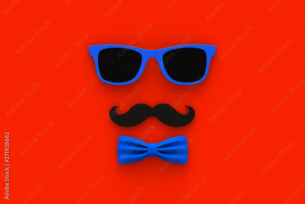 Happy Father’s Day concept with mustache and glasses on red background, Top view with copy space, 3d rendering Happy Father’s Day concept with mustache and glasses on red background, Top view with copy space, 3d rendering