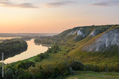 Dawn landscape. River Don at the foot of the chalk mountains. Storozhevoe village - Voronezh region, Russia