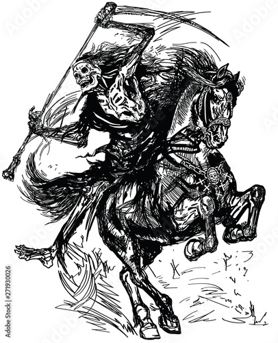 grim reaper horseman holding a scythe and sitting on horseback. Dark rider of the death. Horse in the gallop .Black and white tattoo style vector illustration