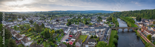 Dawn aerial panoramic view of the picturesque village of Usk in Gwent, South Wales, UK