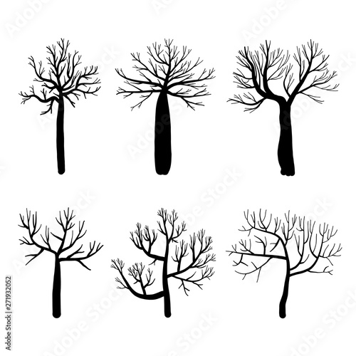Collection of trees silhouettes, Isolated naked trees set on white background. Vector illustration.